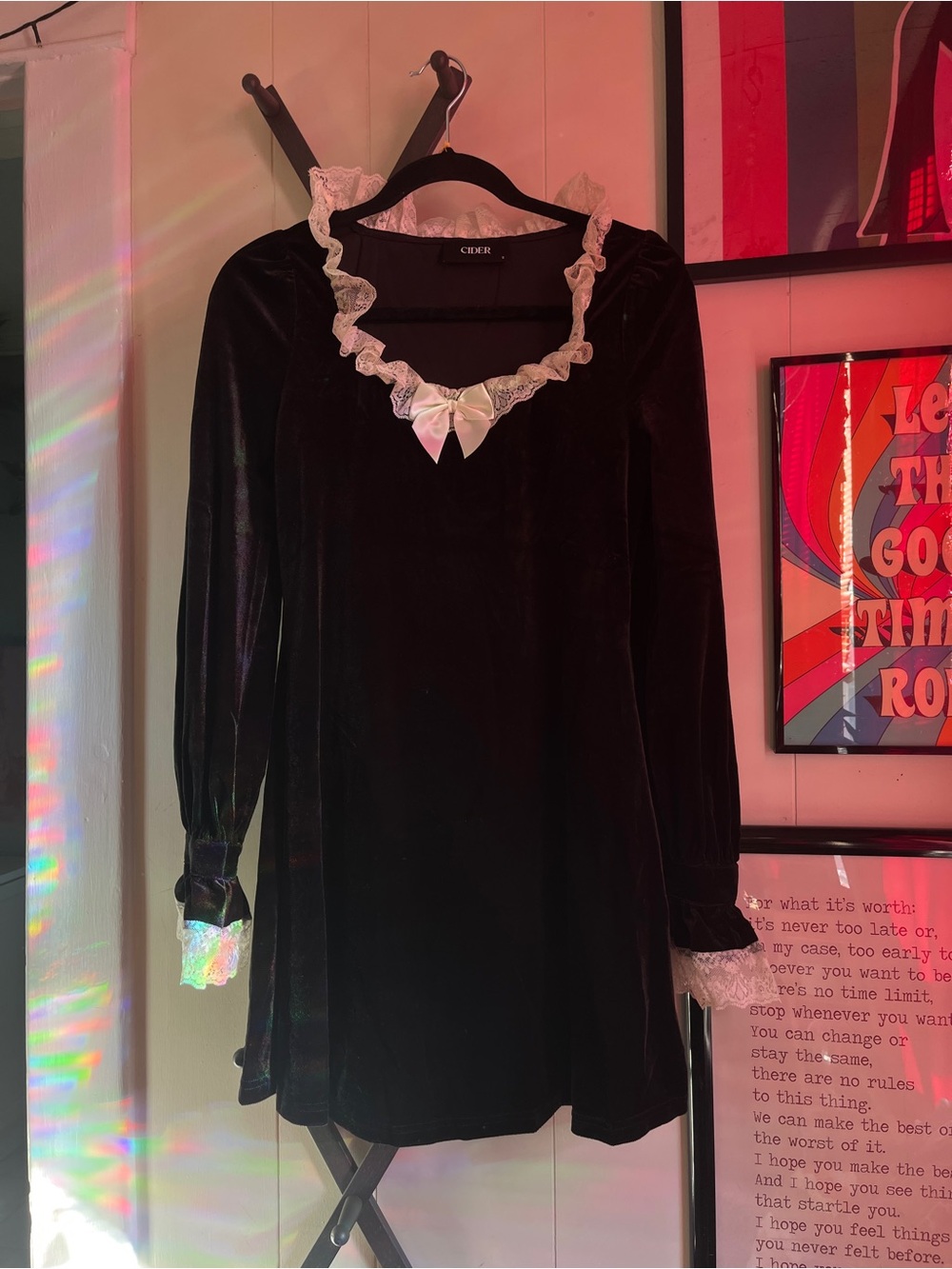 Cider Black Velvet Mini Dress with Ivory Lace Trim